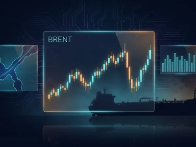 Dark navy data display showing a Brent crude candlestick chart that breaks down and recovers, beside a nautical chart of a narrow strait with a dotted shipping corridor, with an oil tanker silhouette behind