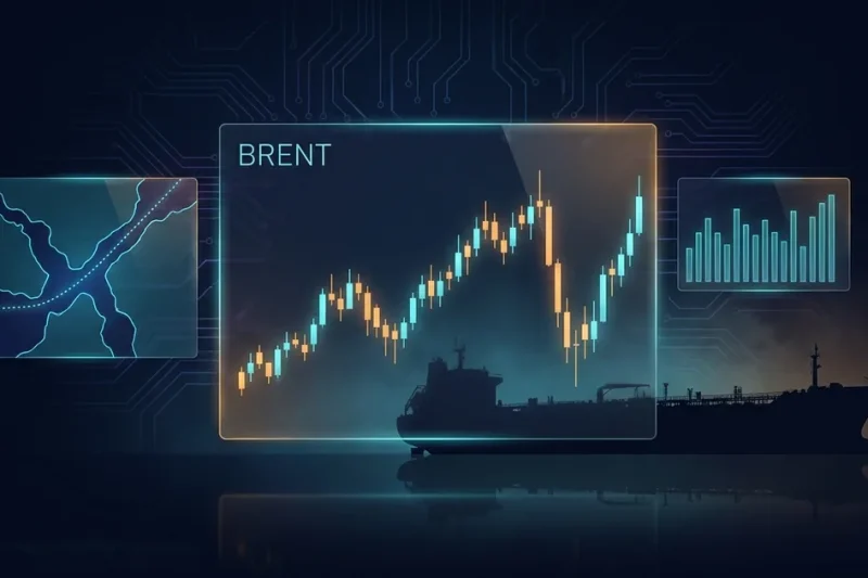 Dark navy data display showing a Brent crude candlestick chart that breaks down and recovers, beside a nautical chart of a narrow strait with a dotted shipping corridor, with an oil tanker silhouette behind