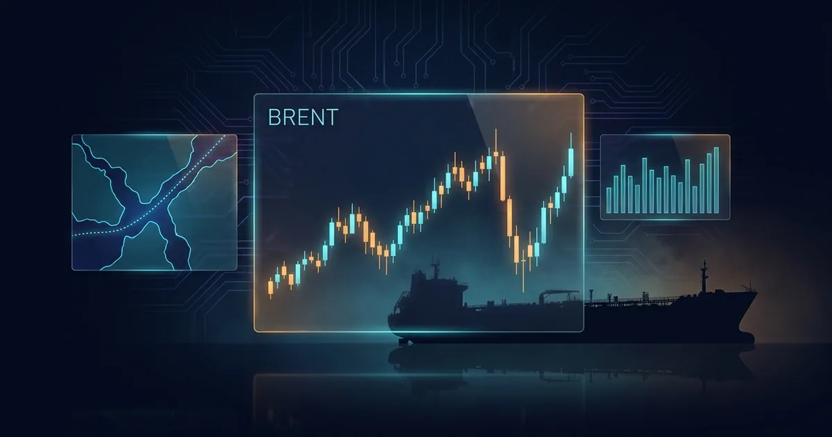 Dark navy data display showing a Brent crude candlestick chart that breaks down and recovers, beside a nautical chart of a narrow strait with a dotted shipping corridor, with an oil tanker silhouette behind