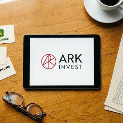 Overhead view of a wooden desk with a tablet showing the ARK Invest logo, printed cards bearing the John Deere, Nvidia and Broadcom logos, a pen on report pages and a coffee cup