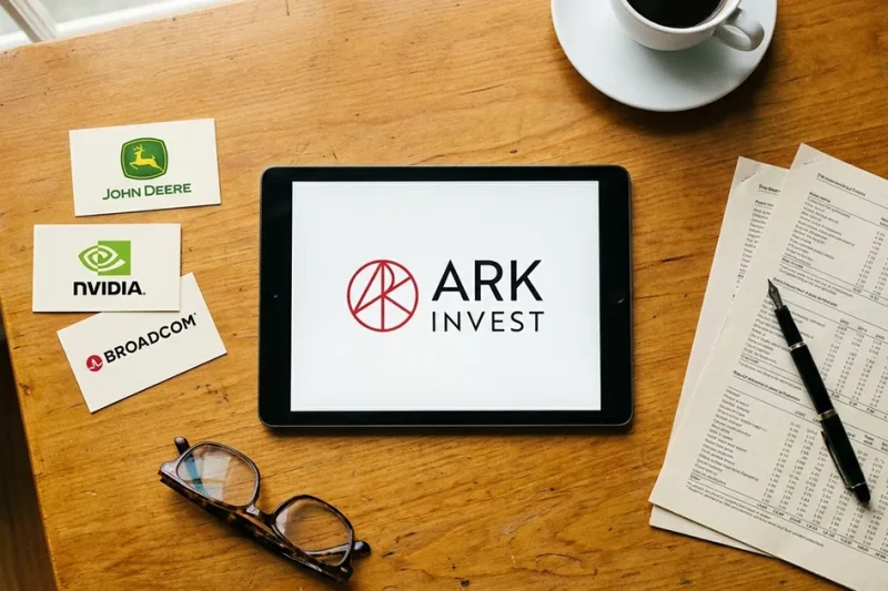 Overhead view of a wooden desk with a tablet showing the ARK Invest logo, printed cards bearing the John Deere, Nvidia and Broadcom logos, a pen on report pages and a coffee cup