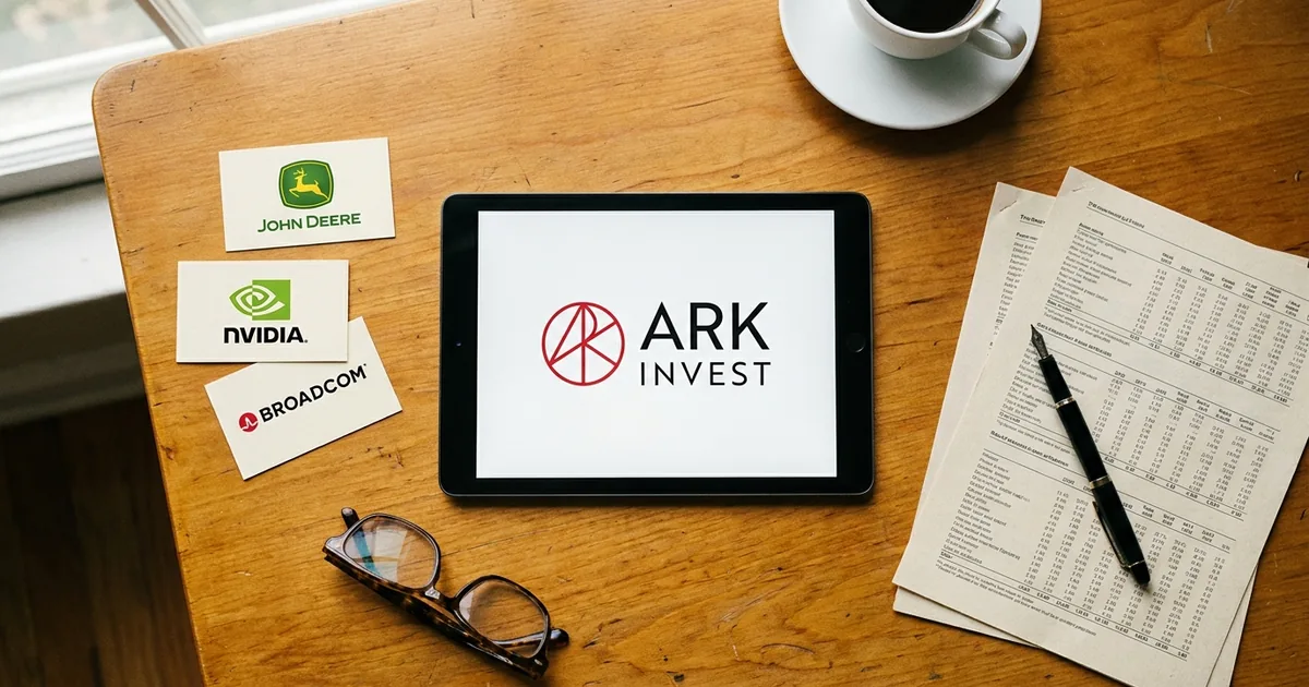 Overhead view of a wooden desk with a tablet showing the ARK Invest logo, printed cards bearing the John Deere, Nvidia and Broadcom logos, a pen on report pages and a coffee cup