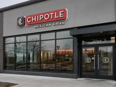 Exterior of a Chipotle Mexican Grill restaurant with its logo sign on an overcast day