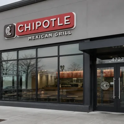 Exterior of a Chipotle Mexican Grill restaurant with its logo sign on an overcast day