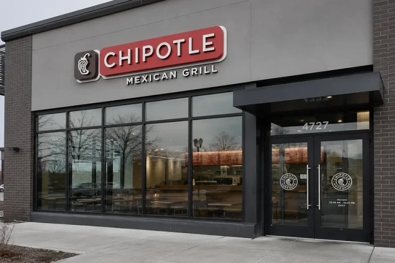Exterior of a Chipotle Mexican Grill restaurant with its logo sign on an overcast day