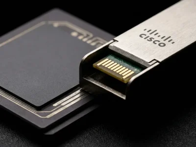 Extreme close-up of a brushed metal optical networking transceiver printed with the Cisco logo, resting on a dark ASIC package under a single raking light