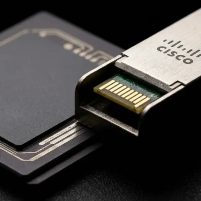 Extreme close-up of a brushed metal optical networking transceiver printed with the Cisco logo, resting on a dark ASIC package under a single raking light
