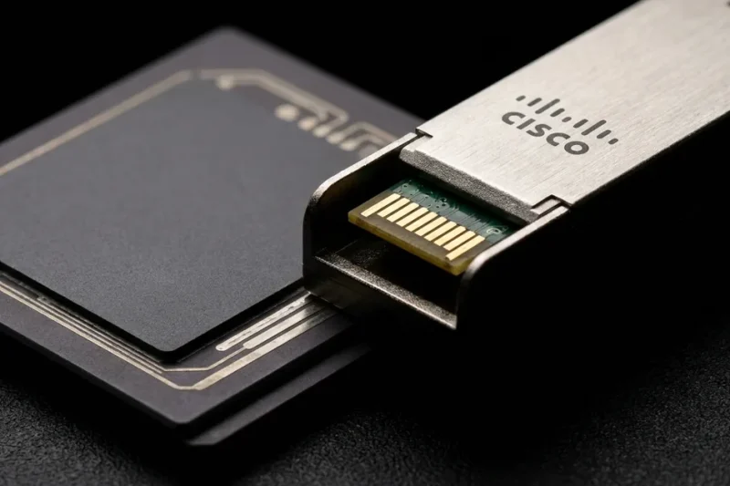 Extreme close-up of a brushed metal optical networking transceiver printed with the Cisco logo, resting on a dark ASIC package under a single raking light
