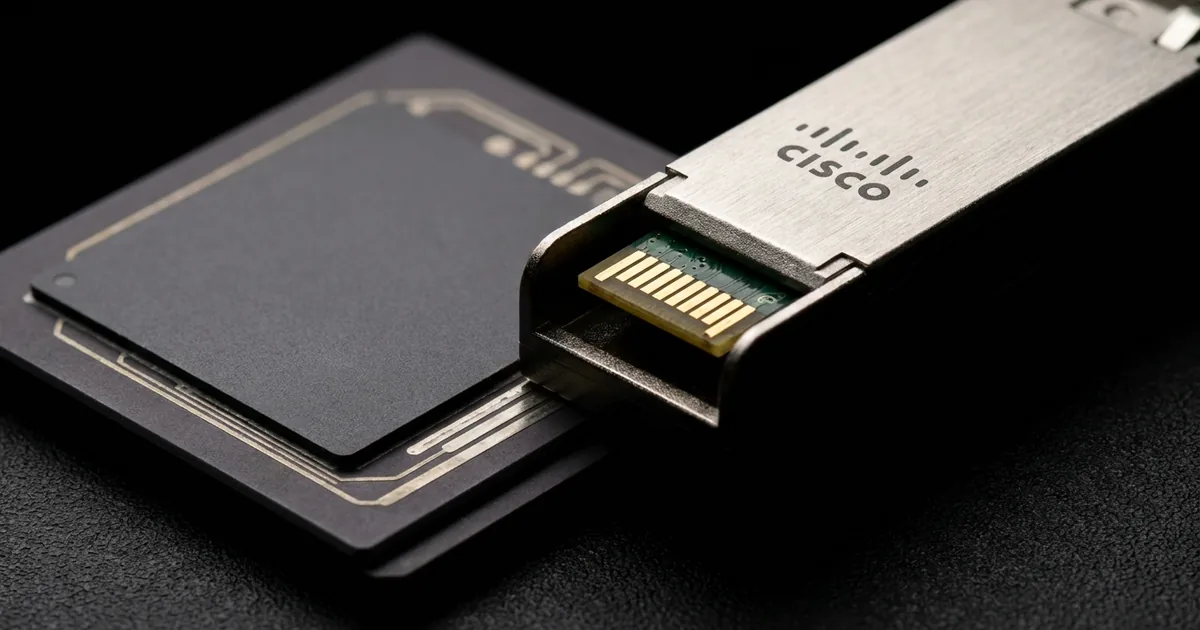 Extreme close-up of a brushed metal optical networking transceiver printed with the Cisco logo, resting on a dark ASIC package under a single raking light