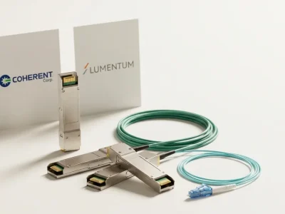 Fiber optic transceiver modules and aqua patch cables on a white studio backdrop beside printed cards showing the Coherent Corp. and Lumentum logos