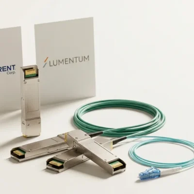 Fiber optic transceiver modules and aqua patch cables on a white studio backdrop beside printed cards showing the Coherent Corp. and Lumentum logos