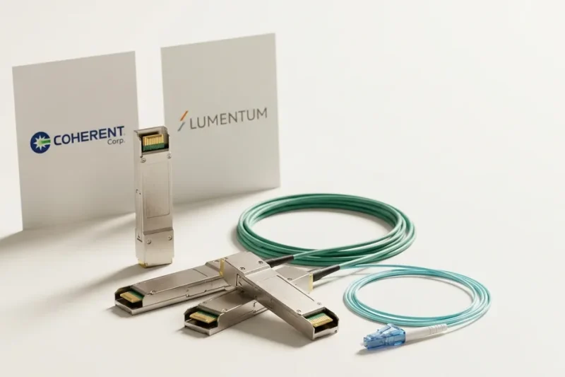 Fiber optic transceiver modules and aqua patch cables on a white studio backdrop beside printed cards showing the Coherent Corp. and Lumentum logos