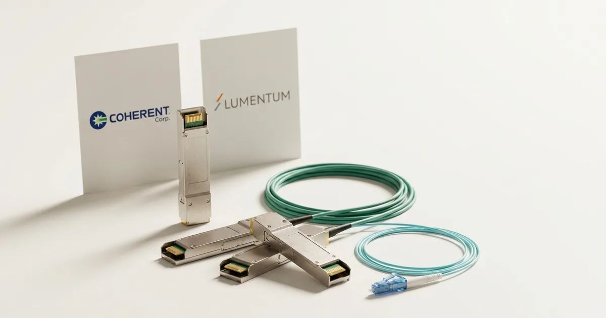 Fiber optic transceiver modules and aqua patch cables on a white studio backdrop beside printed cards showing the Coherent Corp. and Lumentum logos