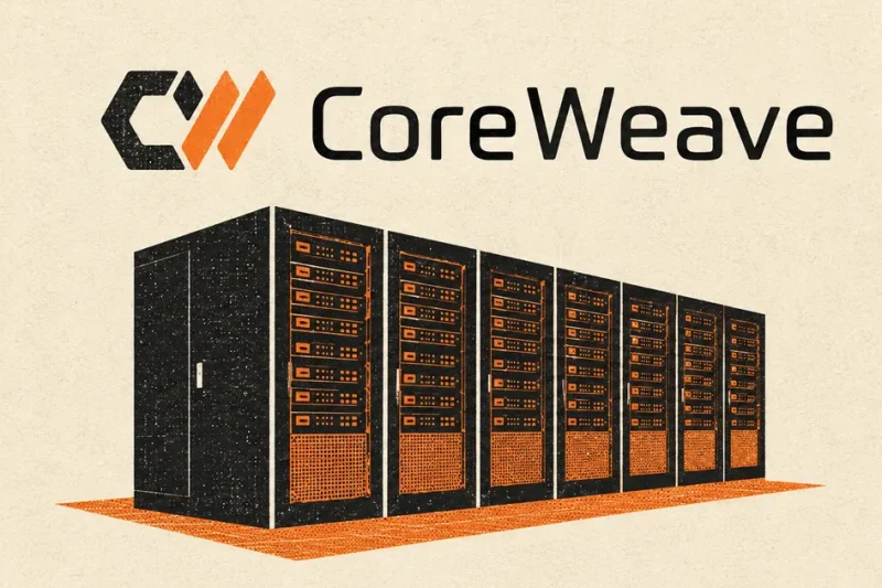 Two-colour risograph poster showing the CoreWeave logo above a row of data centre server racks