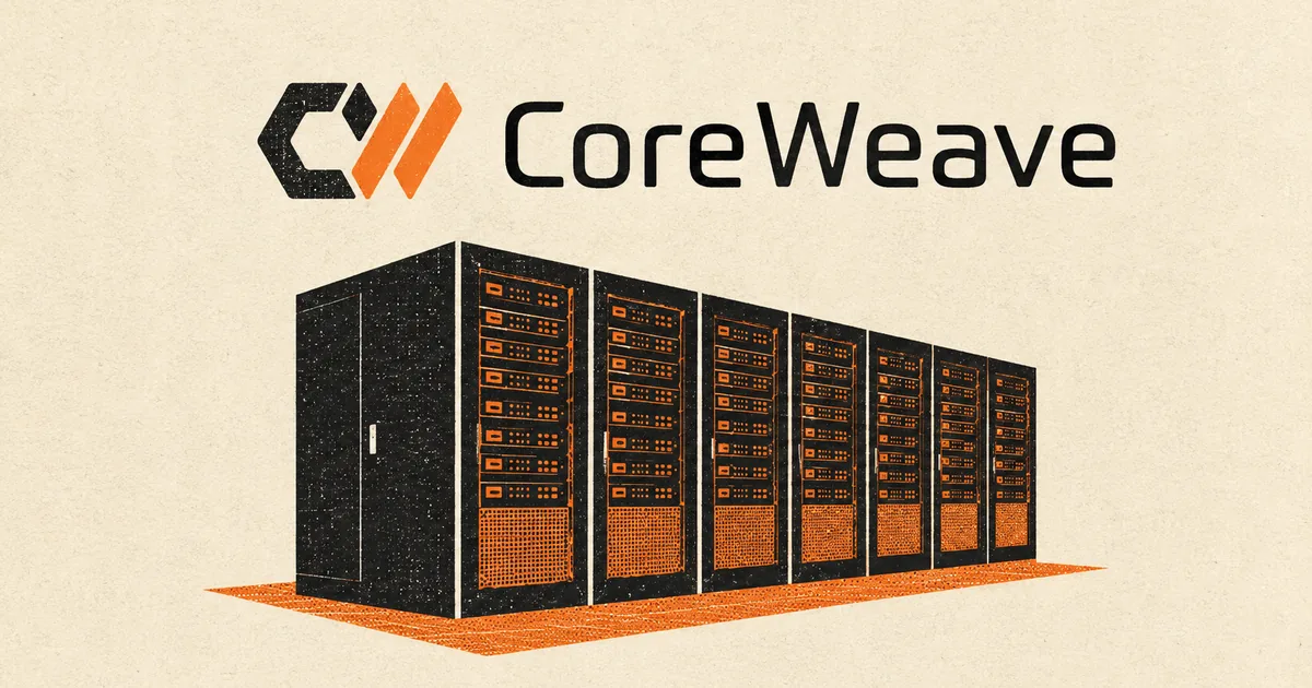 Two-colour risograph poster showing the CoreWeave logo above a row of data centre server racks