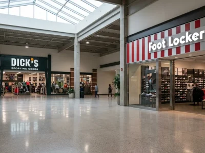 A near empty shopping mall concourse with a Foot Locker storefront on the right and a DICK'S Sporting Goods entrance further down on the left, lit by a glass skylight