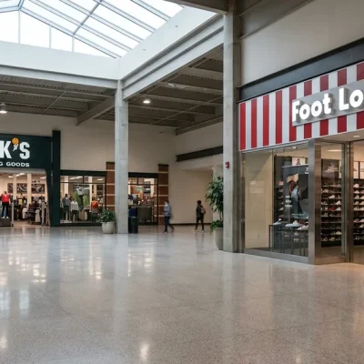 A near empty shopping mall concourse with a Foot Locker storefront on the right and a DICK'S Sporting Goods entrance further down on the left, lit by a glass skylight