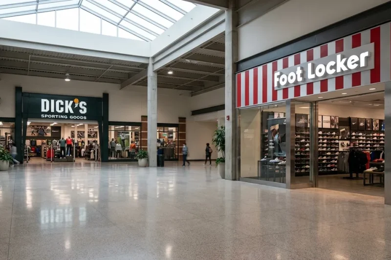 A near empty shopping mall concourse with a Foot Locker storefront on the right and a DICK'S Sporting Goods entrance further down on the left, lit by a glass skylight