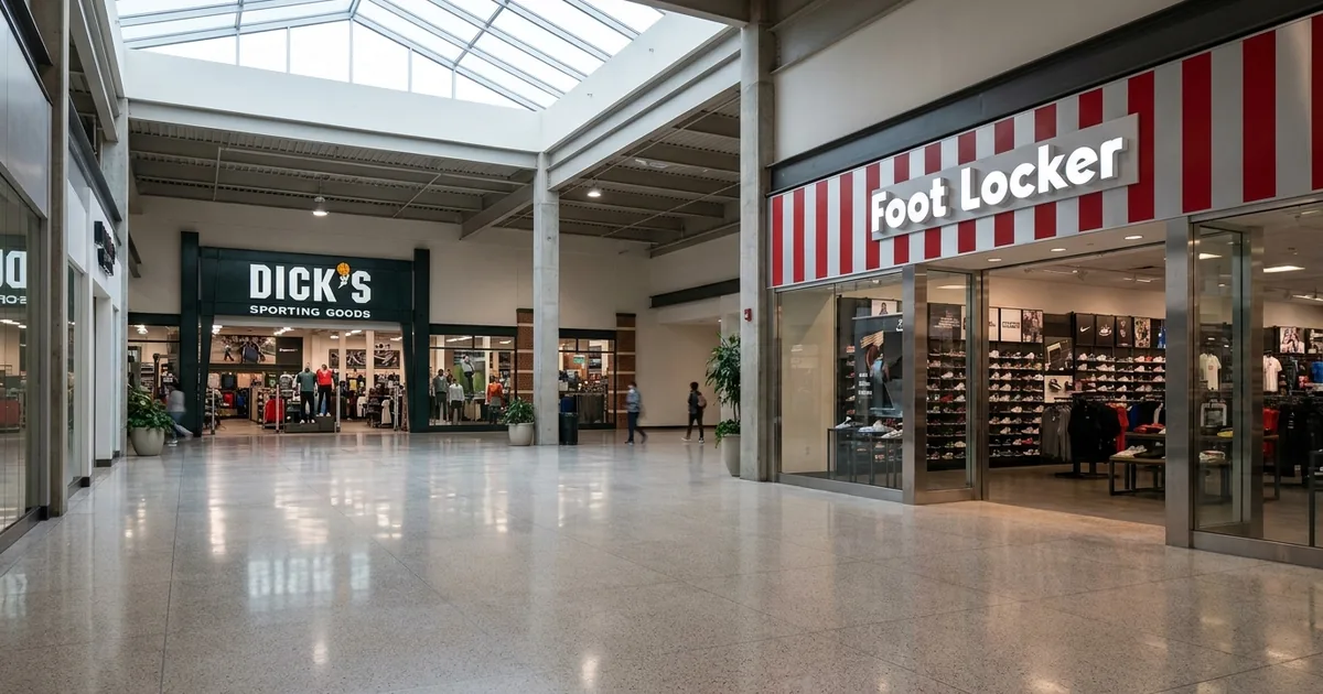 A near empty shopping mall concourse with a Foot Locker storefront on the right and a DICK'S Sporting Goods entrance further down on the left, lit by a glass skylight