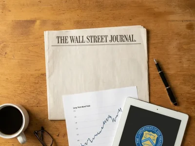 Overhead desk flatlay: a Wall Street Journal newspaper, a printed rising long-term bond yield chart, a fountain pen, coffee and a tablet showing the US Department of the Treasury seal