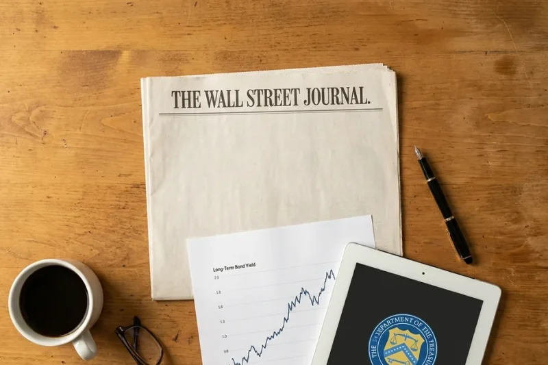 Overhead desk flatlay: a Wall Street Journal newspaper, a printed rising long-term bond yield chart, a fountain pen, coffee and a tablet showing the US Department of the Treasury seal