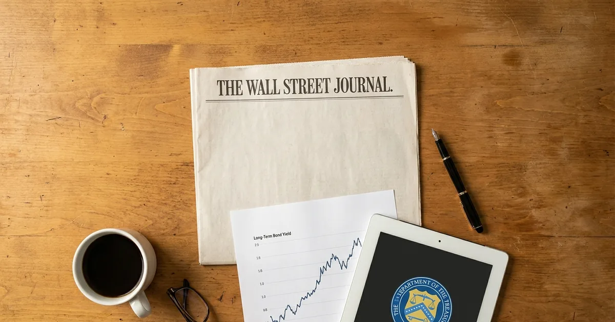 Overhead desk flatlay: a Wall Street Journal newspaper, a printed rising long-term bond yield chart, a fountain pen, coffee and a tablet showing the US Department of the Treasury seal