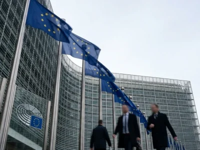 EU flags with the circle of twelve gold stars fly outside the European Commission Berlaymont building in Brussels as pedestrians walk past