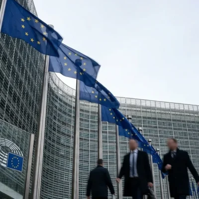 EU flags with the circle of twelve gold stars fly outside the European Commission Berlaymont building in Brussels as pedestrians walk past