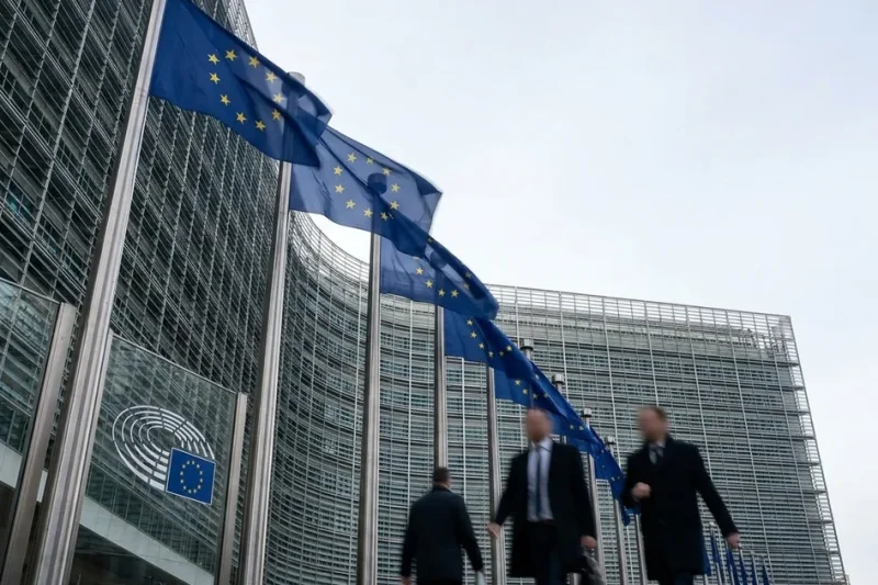 EU flags with the circle of twelve gold stars fly outside the European Commission Berlaymont building in Brussels as pedestrians walk past