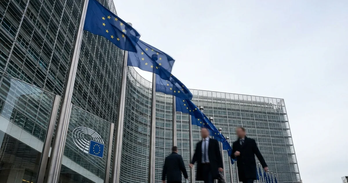 EU flags with the circle of twelve gold stars fly outside the European Commission Berlaymont building in Brussels as pedestrians walk past
