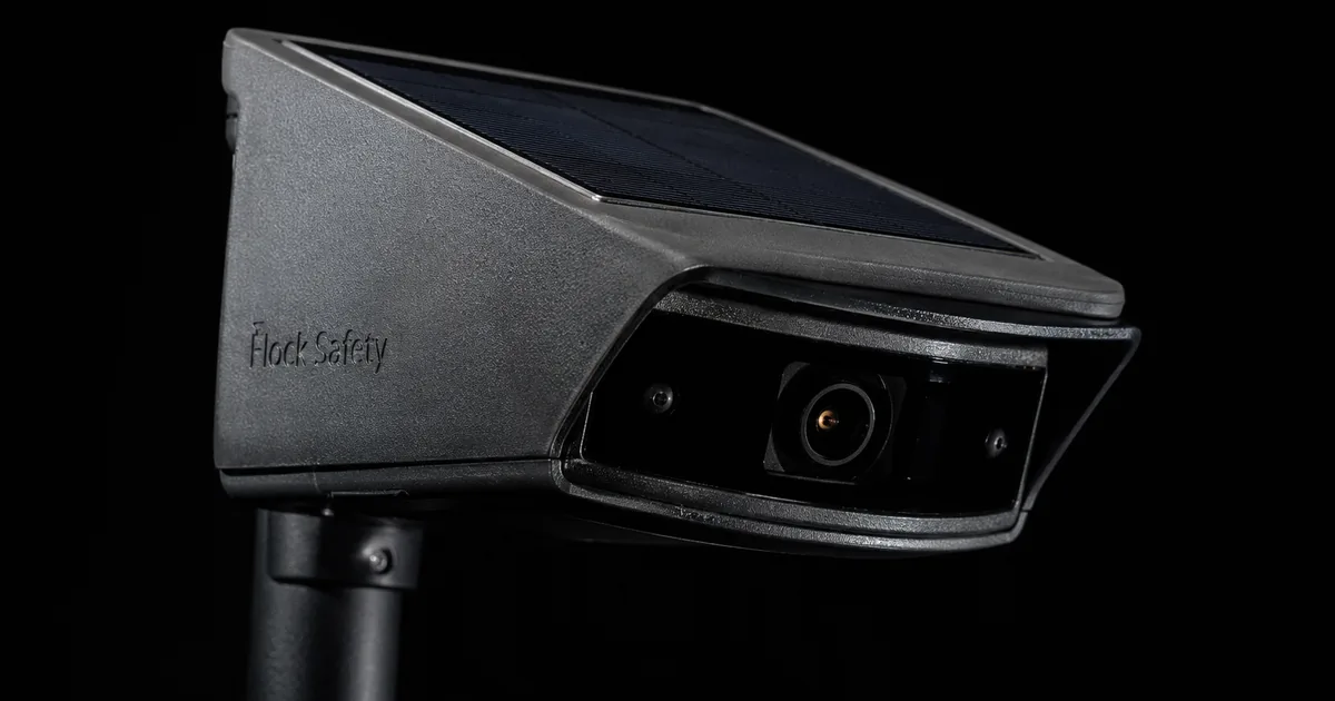 Macro photograph of a solar-powered Flock Safety automatic license plate reader camera against a black background