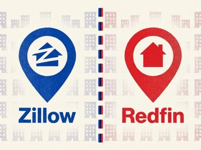 A two colour risograph style poster showing the blue Zillow map pin logo and the red Redfin map pin logo separated by a vertical dashed perforation line, over a faint pattern of apartment buildings