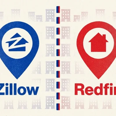 A two colour risograph style poster showing the blue Zillow map pin logo and the red Redfin map pin logo separated by a vertical dashed perforation line, over a faint pattern of apartment buildings
