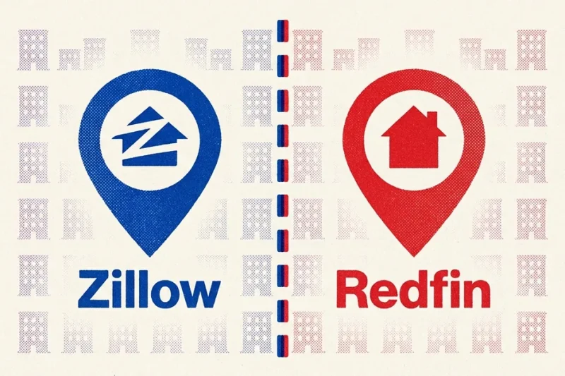 A two colour risograph style poster showing the blue Zillow map pin logo and the red Redfin map pin logo separated by a vertical dashed perforation line, over a faint pattern of apartment buildings