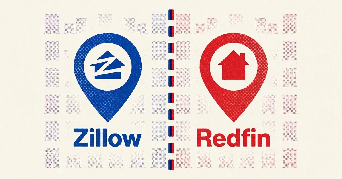 A two colour risograph style poster showing the blue Zillow map pin logo and the red Redfin map pin logo separated by a vertical dashed perforation line, over a faint pattern of apartment buildings