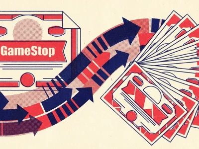 Two-colour risograph illustration of a GameStop bond certificate with arrows sweeping into a fanned spread of multiplying share certificates