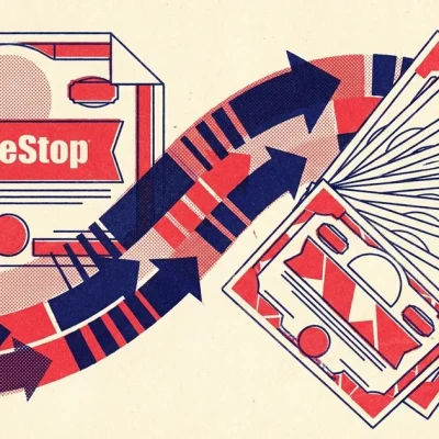 Two-colour risograph illustration of a GameStop bond certificate with arrows sweeping into a fanned spread of multiplying share certificates