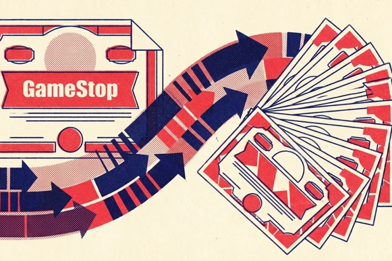 Two-colour risograph illustration of a GameStop bond certificate with arrows sweeping into a fanned spread of multiplying share certificates