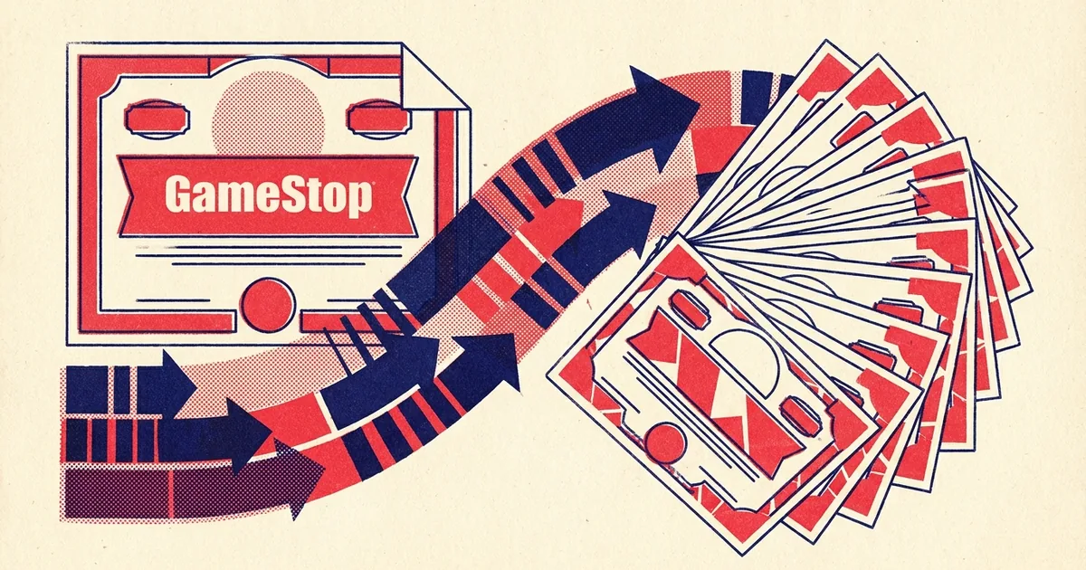 Two-colour risograph illustration of a GameStop bond certificate with arrows sweeping into a fanned spread of multiplying share certificates