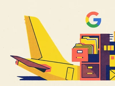 Risograph style poster in yellow, coral and navy showing a grounded yellow airliner tail beside an overflowing filing cabinet and scattered envelopes, with the Google G logo above