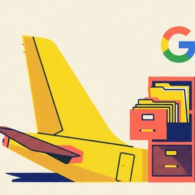 Risograph style poster in yellow, coral and navy showing a grounded yellow airliner tail beside an overflowing filing cabinet and scattered envelopes, with the Google G logo above