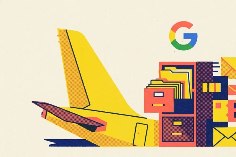 Risograph style poster in yellow, coral and navy showing a grounded yellow airliner tail beside an overflowing filing cabinet and scattered envelopes, with the Google G logo above