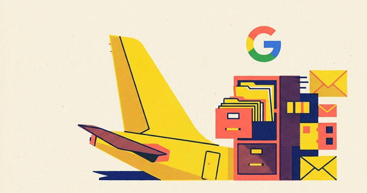 Risograph style poster in yellow, coral and navy showing a grounded yellow airliner tail beside an overflowing filing cabinet and scattered envelopes, with the Google G logo above
