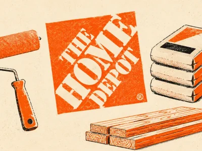 Two-colour risograph style poster in orange and cream showing The Home Depot logo beside a paint roller, stacked cement bags and a pile of lumber boards