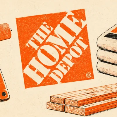 Two-colour risograph style poster in orange and cream showing The Home Depot logo beside a paint roller, stacked cement bags and a pile of lumber boards