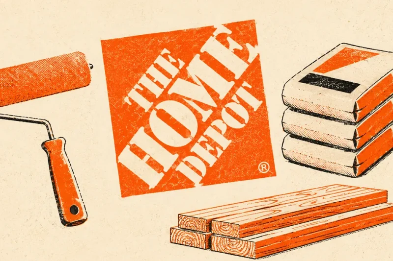 Two-colour risograph style poster in orange and cream showing The Home Depot logo beside a paint roller, stacked cement bags and a pile of lumber boards