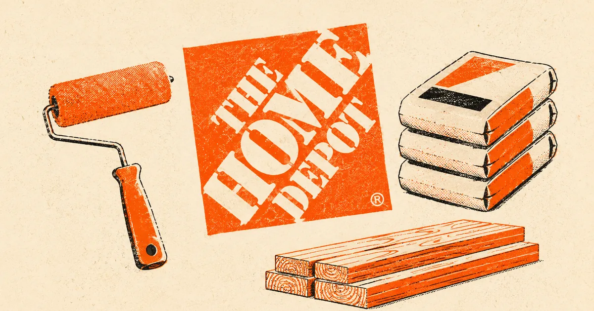 Two-colour risograph style poster in orange and cream showing The Home Depot logo beside a paint roller, stacked cement bags and a pile of lumber boards