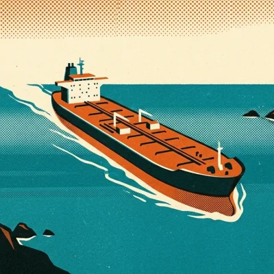 Risograph-style illustration of a crude oil supertanker moving through a narrow strait between rocky headlands with radar dishes