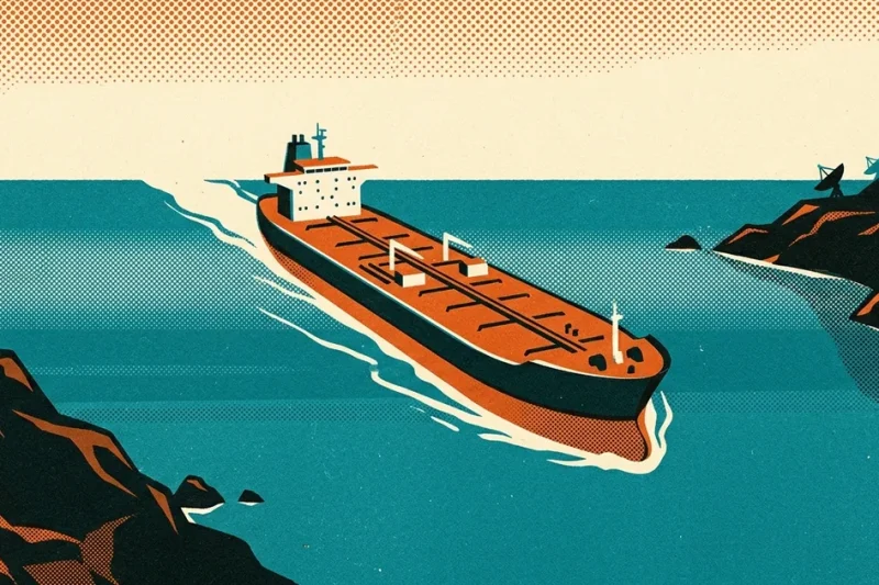 Risograph-style illustration of a crude oil supertanker moving through a narrow strait between rocky headlands with radar dishes