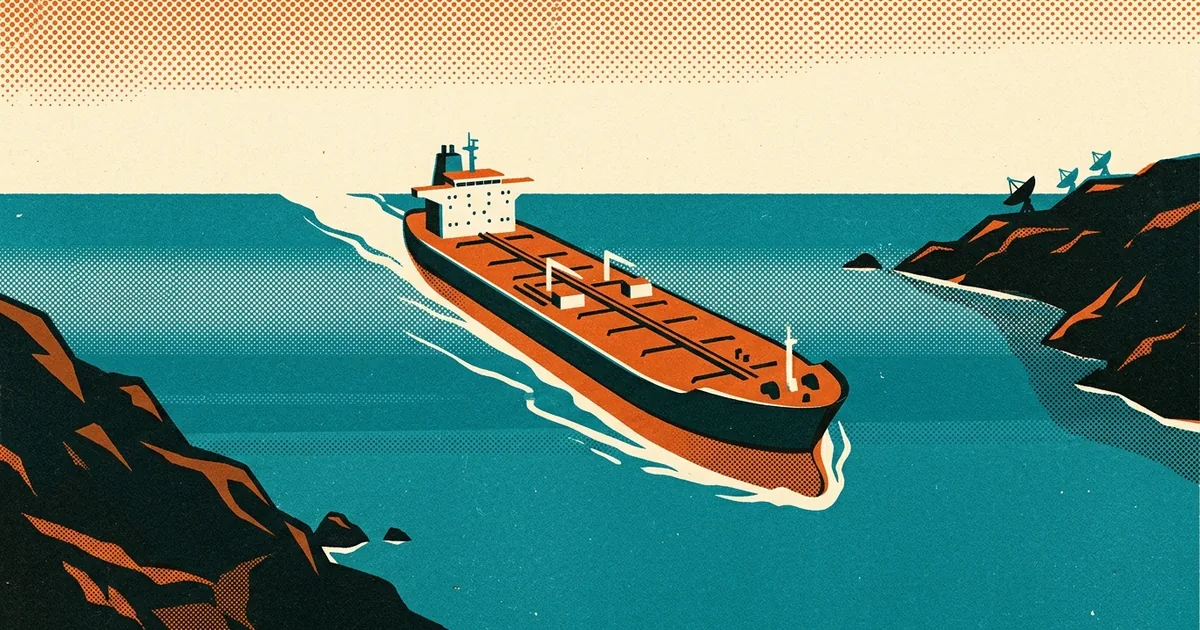 Risograph-style illustration of a crude oil supertanker moving through a narrow strait between rocky headlands with radar dishes